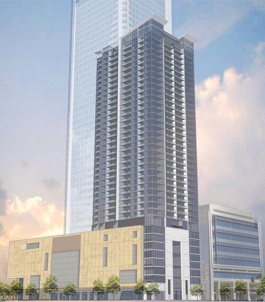 CharlotteNCbuzz's tweet photo. The apartment tower above the Mint will be named "Museum Tower." 43 floors, 394 units, topping out March 11th. https://t.co/N30VYWpfUj