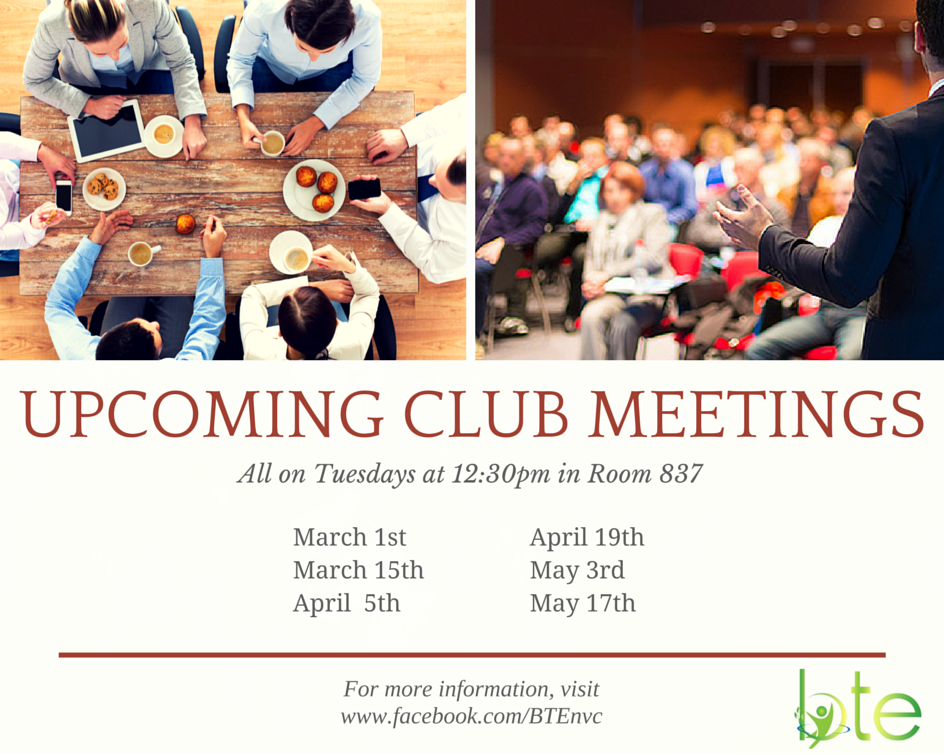 BTEnvc's tweet photo. Here is an updated list of our remaining Spring 2016 club meetings! For more info, visit https://t.co/nVmney1DPn https://t.co/jIqoljjofH