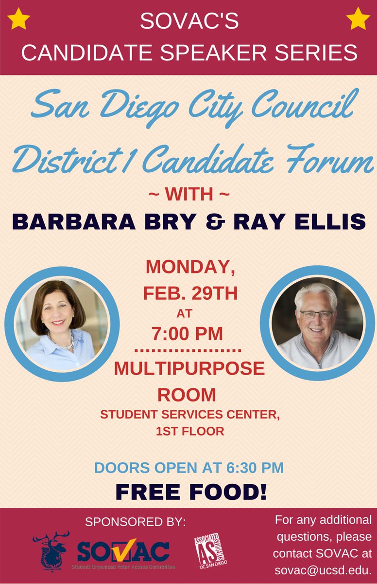 SOVACUCSD's tweet photo. Join us TODAY @ 7 w/ @RayEllis_SD &amp; @BarbaraBrySD ! #TritonsVote2016 @UCweVOTE #VOTE #SD 🍕🇺🇸
https://t.co/hi7Q9vqfg0 https://t.co/uubivasm9M