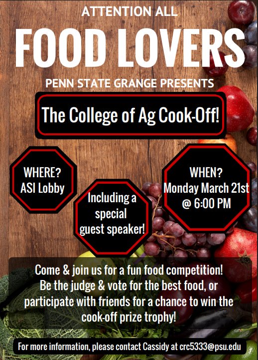 crcheddar's tweet photo. Wanna show off your club &amp; eat some good food? Come to PSU Grange's Cook Off! https://t.co/WJJSsNYn8O