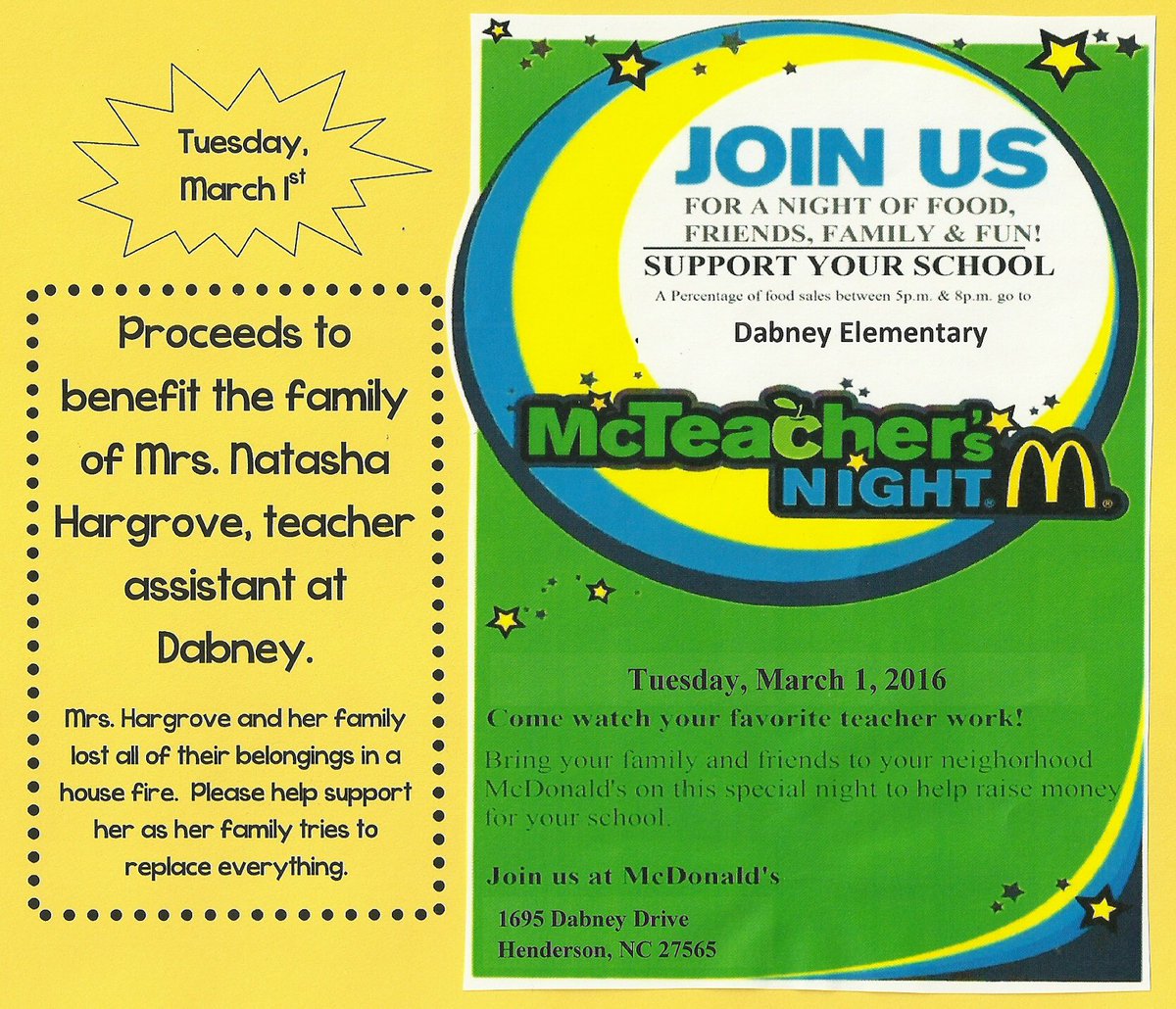 Don't forget to come show your support 5-8pm tomorrow night <a href="/DabneyElem/">DabneyElemSchool</a> <a href="/VanceCoSchools/">Vance County Schools</a>