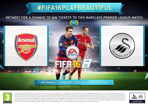 topfifacoins's tweet photo. RT to win @premierleague tickets! @Arsenal v @SwansOfficial on Wednesday 2nd March. T&amp;C's apply https://t.co/zCyAtmGru5