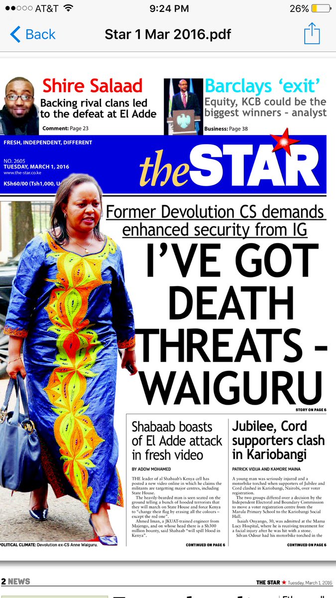 erwoti's tweet photo. All major newspapers headline #WaiguruDeathThreat Real or girl crying cornered and crying wolf? #WaiguruBombshell https://t.co/voRwQ9eSp6