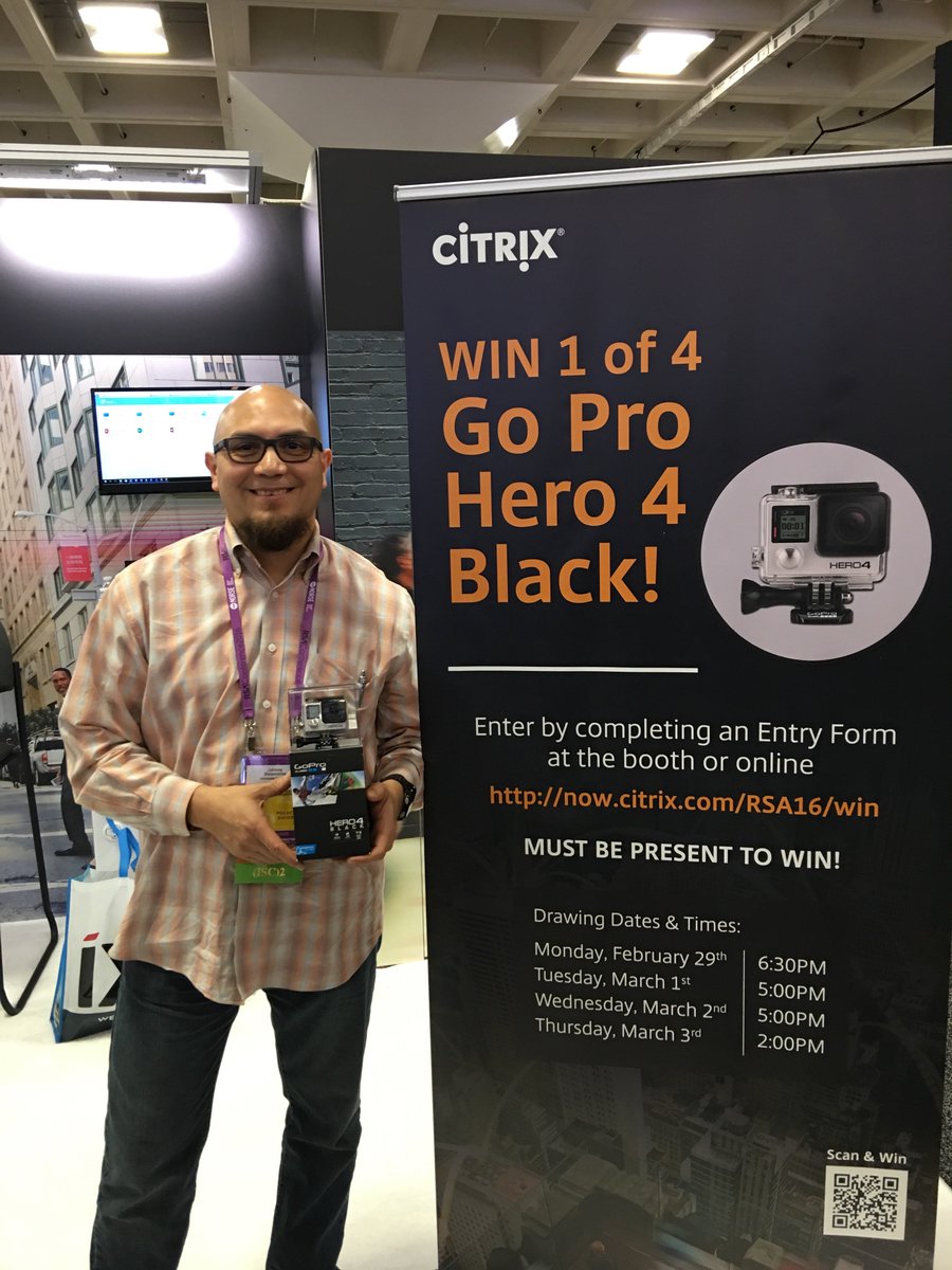 CitrixSecurity's tweet image. Congrats to our first GoPro Hero 4 winner at #RSAC. Come by tomorrow for the 5pm drawing booth 3214. #CitrixSecurity