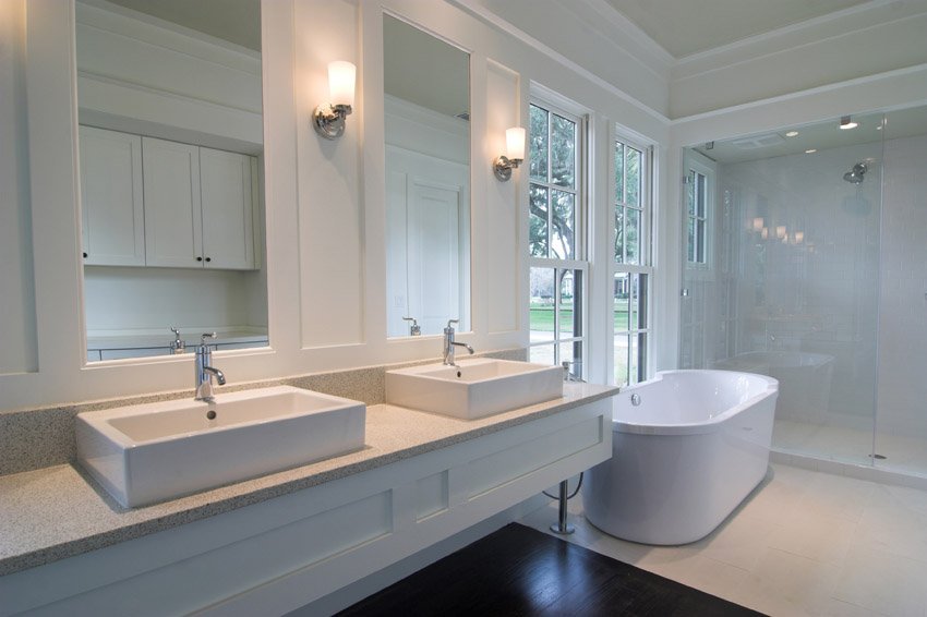 designing_idea's tweet photo. White #bathroom with dual sinks, glass shower &amp; #bathtub. See more bathroom designs https://t.co/VcUD9VpaHL https://t.co/nReXWfeJhH