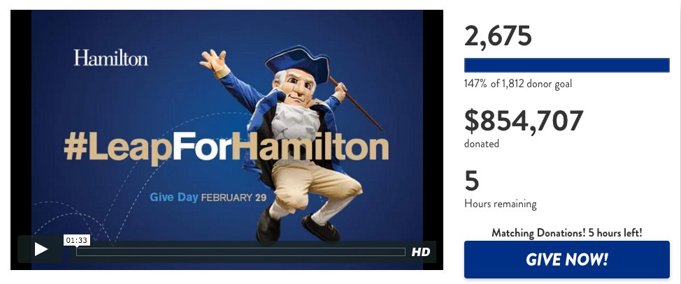HamiltonCollege's tweet photo. 3,000 gifts? Possible? Yes, let's make it happen, Hamiltonians! https://t.co/zNexF1Kn98 #LeapForHamilton @tomhc90 https://t.co/KtV6sjuVK2