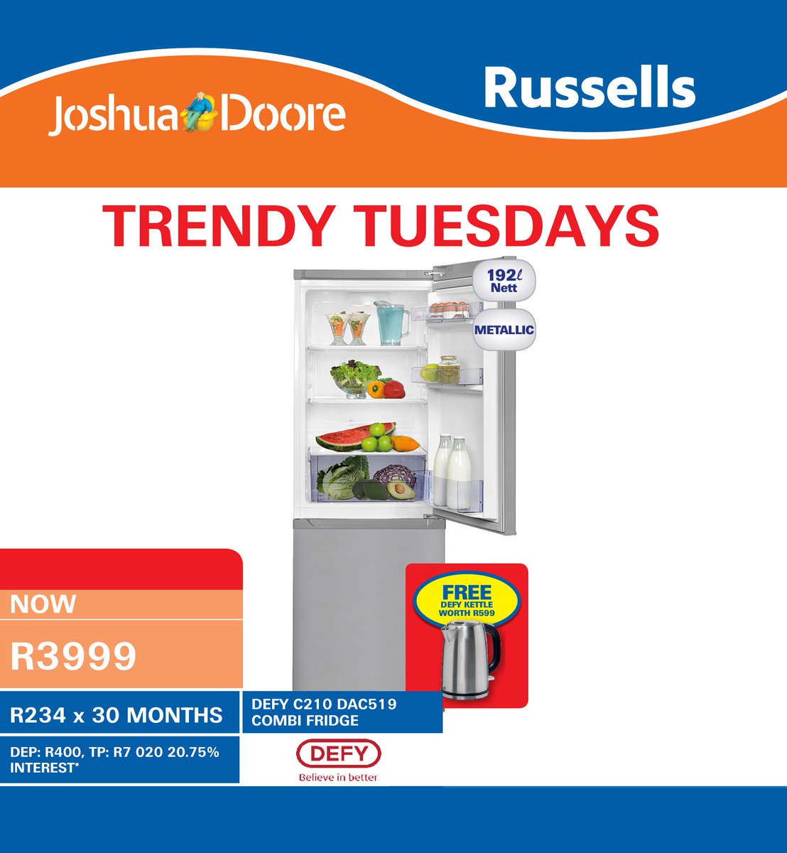 Get a FREE DEFY kettle worth R599 when you purchase this DEFY C210 COMBI FRIDGE. Catalogue: bit.ly/1XVxdb9