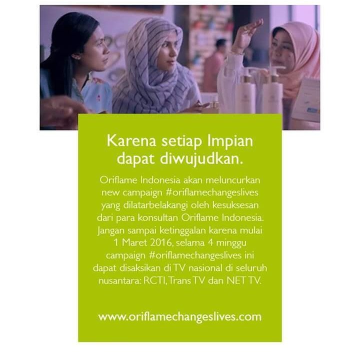 Karena setiap impian dapat diwujudkan.
Mari wujudkan impian anda bersama kami ^_^
#OriflameChangesLives