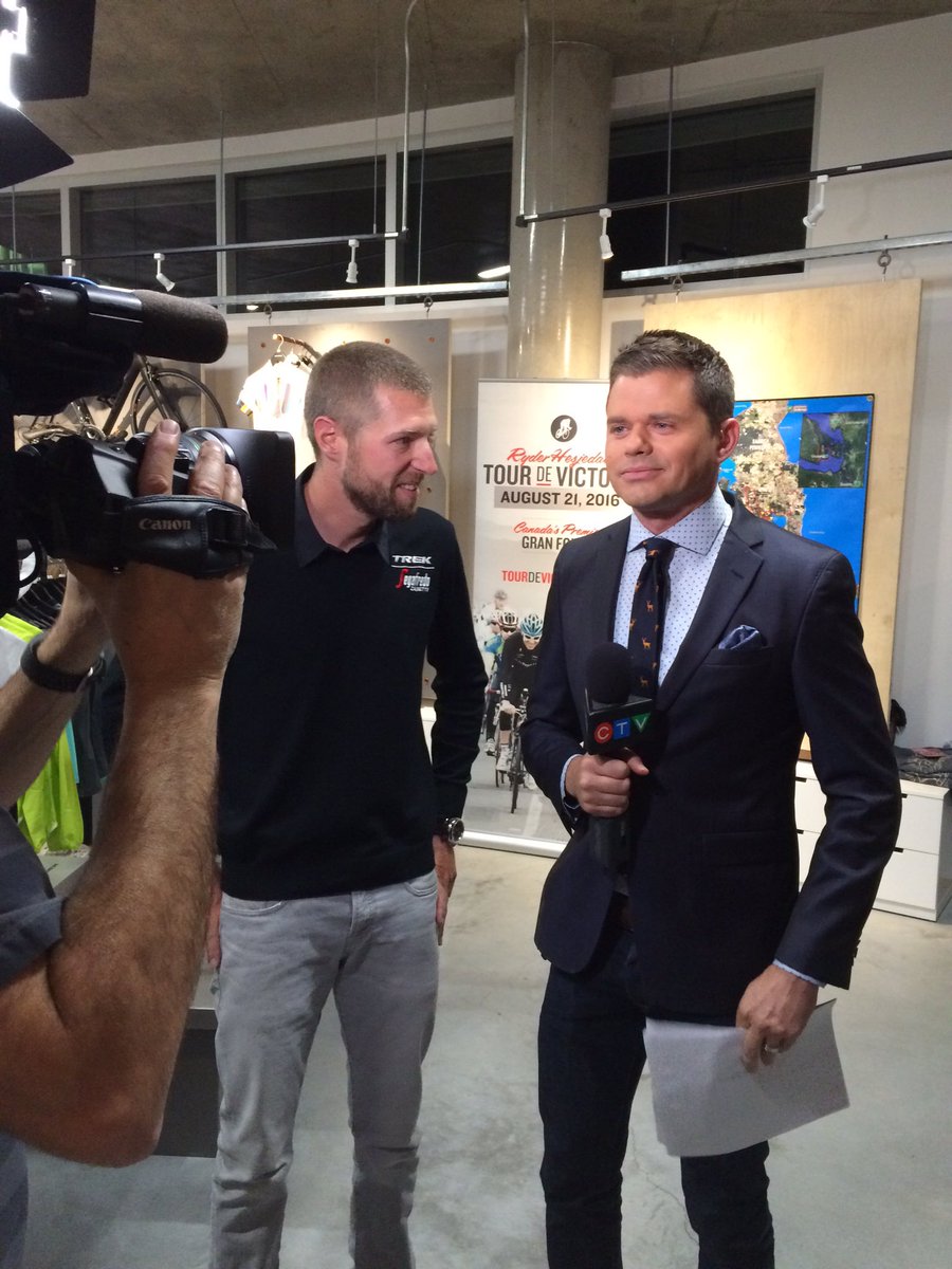 TourdeVictoria's tweet photo. Great to have @CTVNewsJordan broadcast from #yyj #TrekBikes opening w/ @ryder_hesjedal &amp; #TourDeVic kickoff! https://t.co/oYcjJXnTZF