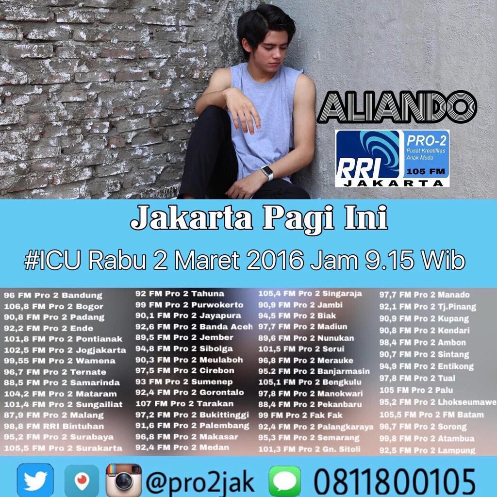 [INFO] besok pagi jam 09.15wib ada <a href="/alysyarief/">Aliando Syarief.</a> di PRO 2 FM. Cek saluran radio kota kalian disini 👇 semua bs dengerin