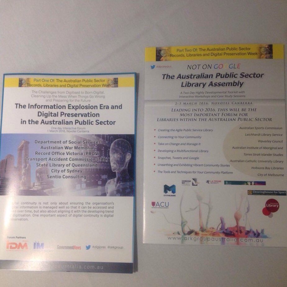 _AmandaBagnall's tweet photo. Day 1 complete! #digipres
Next up #libraryaus @ArkGroup https://t.co/GMPaHwupTo