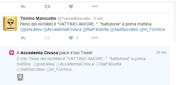 ToninoManicotto's tweet photo. GRAZIE.. CHE ONORE! :-) @AccademiaCrusca DIVENTERO' PIU' FAMOSO DI @PETALOSO P.S. Sono anche capace di fare @rime https://t.co/mZqsCQrInn