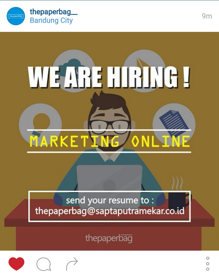 Open posisition :

Marketing online

Apply by sending resume to thepaperbag@saptaputramekar.co.id