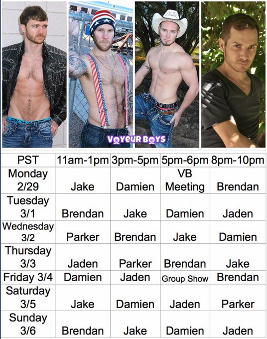 Voyeurboys Cam schedule for the week @Jaden_Storm25 @BigDame90 @jake_karhoff @ParkerKaneXXX @Brendanpatxxx<a class="tags" href="/tag/jaden_storm25">@jaden_storm25</a><a href="/tag/rt"class="tags"><span>#rt</span></a>