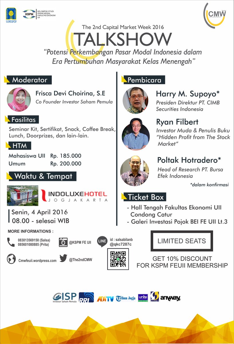 KomunitasISP's tweet photo. AYO JOGJA &amp; sekitarnya! Segera daftarkan diri di Capital Market Week (CMW) 2016! Organized by @KSPM_FEUII Yogyakarta https://t.co/z1VB0muHcG