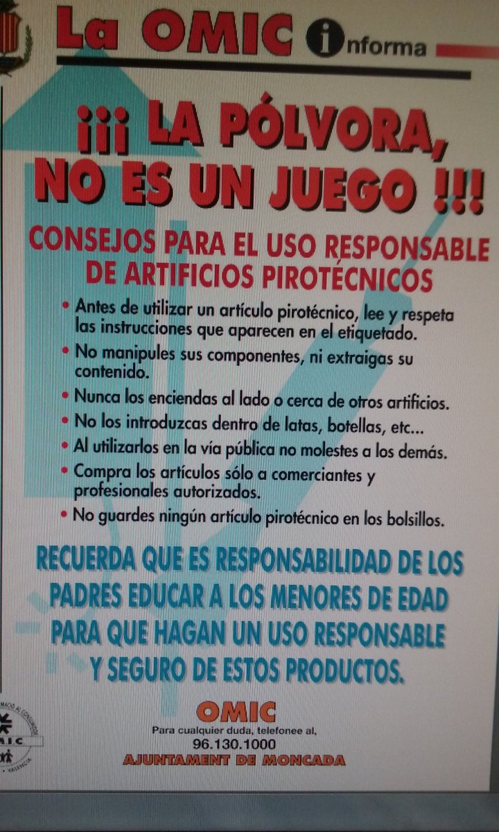 OMICMoncada's tweet photo. L´OMIC iNFORMA: Campaña "La pólvora no es un juego" Consejos para el uso responsable de artículos pirotécnicos https://t.co/5s1CxdoYTC
