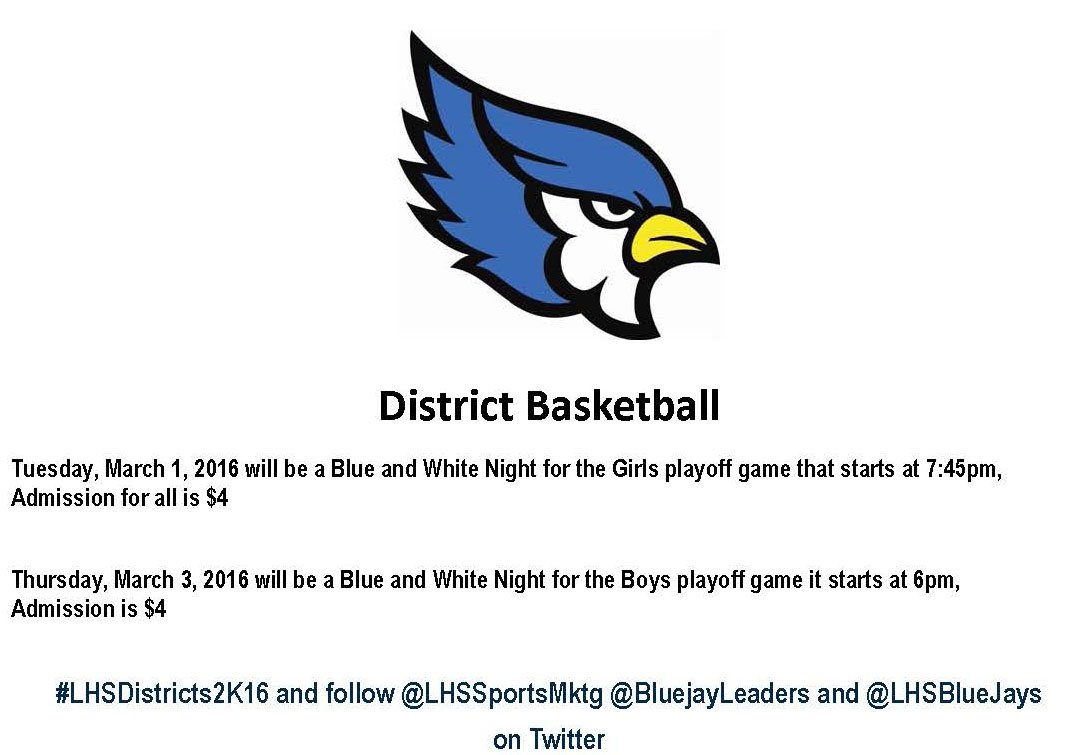 LHSBlueJays's tweet photo. Jays Play Today! See you all this evening in the fieldhouse #LHSDistricts2K16 #ThemeBlue&White https://t.co/4OokHt8H8a