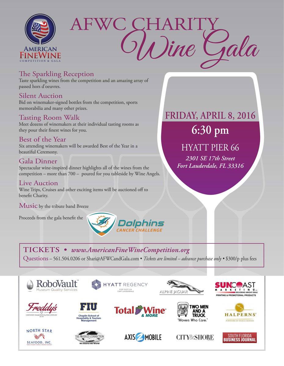 #AFWCGala Apr 8 Hyatt Ft Laud <a href="/AmericanFWC/">AmericanFineWineComp</a> #dolphinscancerchallenge 750 wines, winery tasting rooms