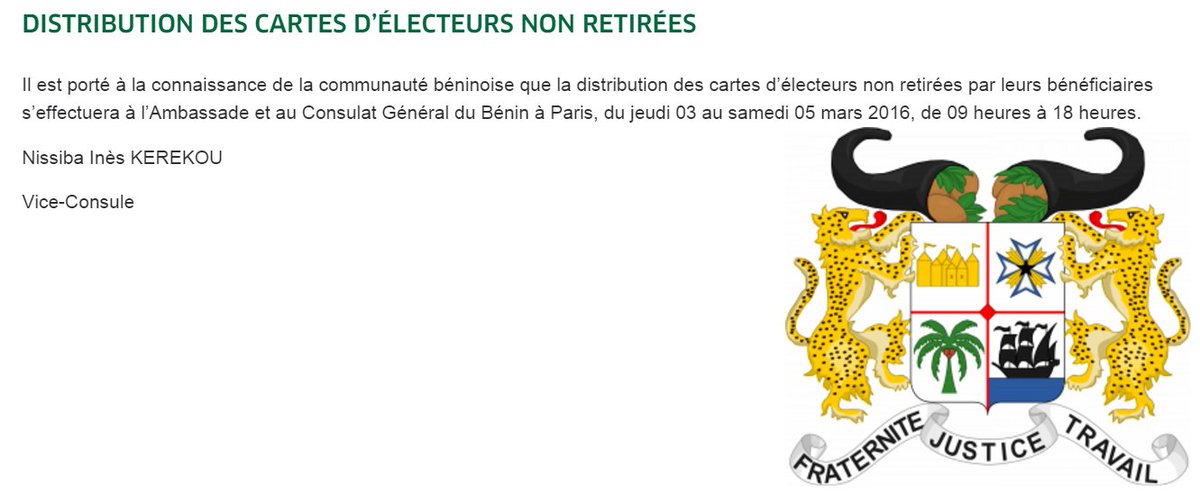 Urgent - Distribution des cartes d’électeurs à la diaspora béninoise du 3 au 5 Mars bit.ly/1TNKXWp #Vote229