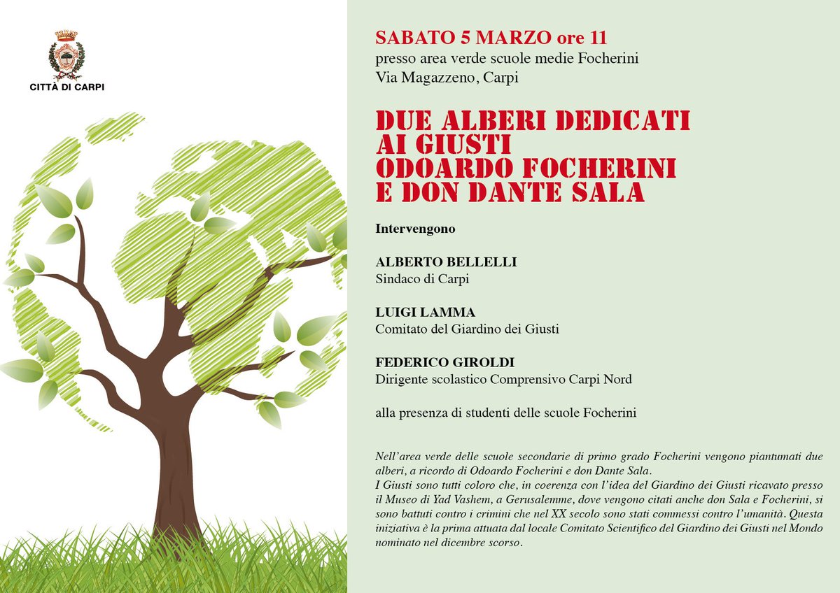 A #Carpi sabato 5 marzo alle #ScuolemedieFocherini due alberi per #OdoardoFocherini e #DonDanteSala