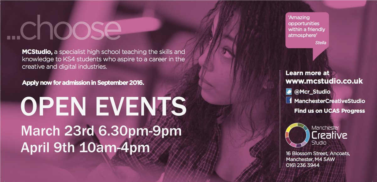 Mcr_Studio's tweet photo. We have Year 10 &amp; 6th form places left for September 2016!
Join us at one of our open events to find out more... https://t.co/Xn4tFFyAgJ