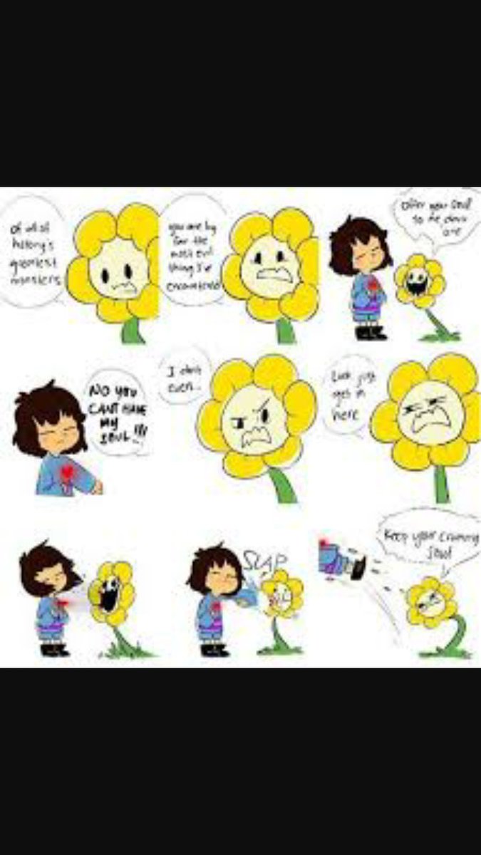 FloweyLittle's tweet image. [Comic of little flowey and Frisk]