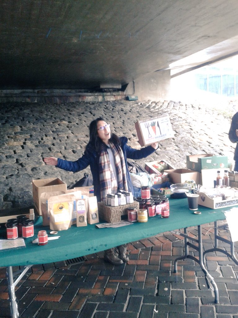 SheffMarket's tweet photo. We're underneath the bridge. Fresh fruit and veg, eggs, tea, coffee, jams, chutney!  All local! @SheffieldSU https://t.co/eSc97RH3J8