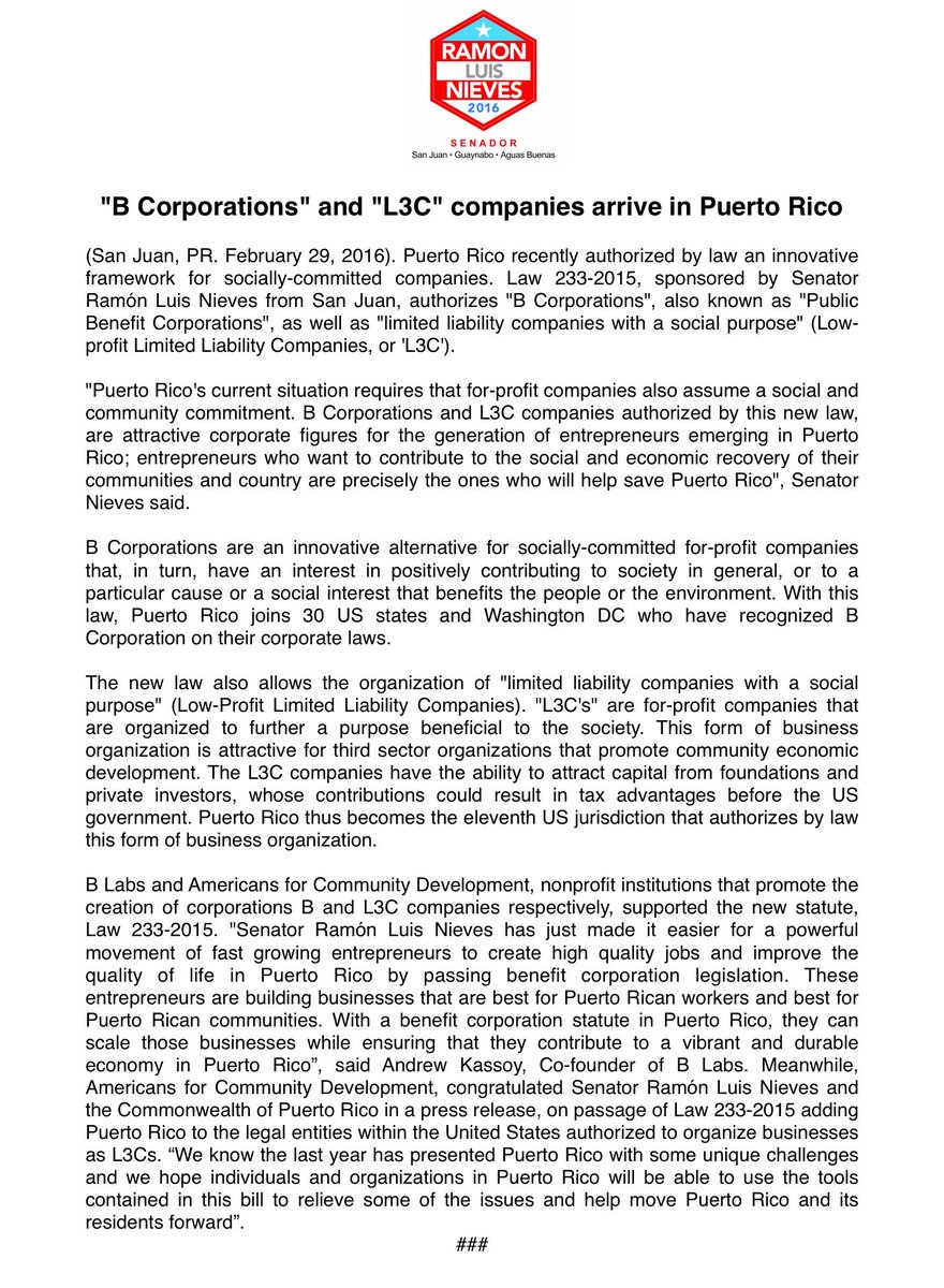 ramonluisnieves's tweet photo. B Corporations and L3C companies arrive in Puerto Rico - tools for social entrepreneurship/community development https://t.co/R8OpqVP44G