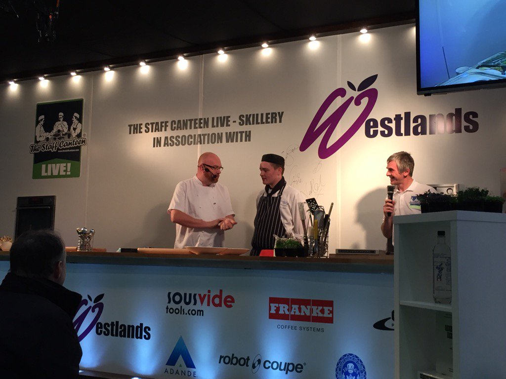 newfarmcookery's tweet photo. Simon @Hulstone and his assistant Shawn about to start at the #skillery #tlslive @hotelympia @cateentweets https://t.co/TgpffNGSEg