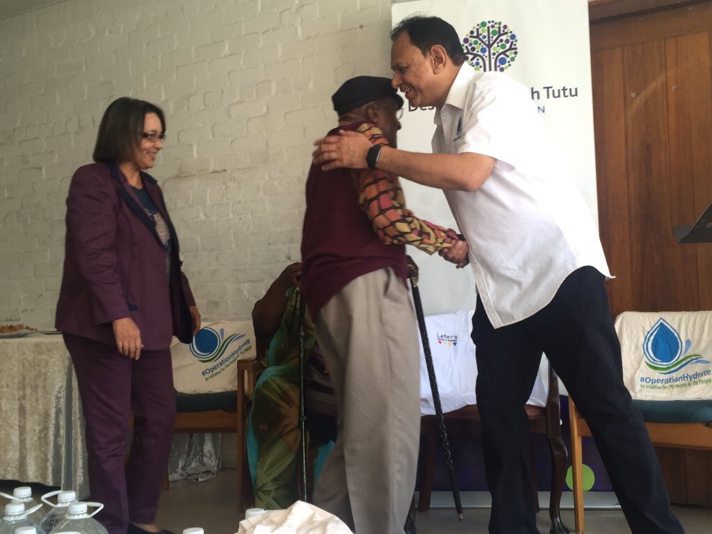 Abramjee's tweet photo. #OperationHydrateCapeTown Great to see Archbishop Tutu back in form. Thank you for joining us today. @HydrateSA https://t.co/j08WYln2Yx