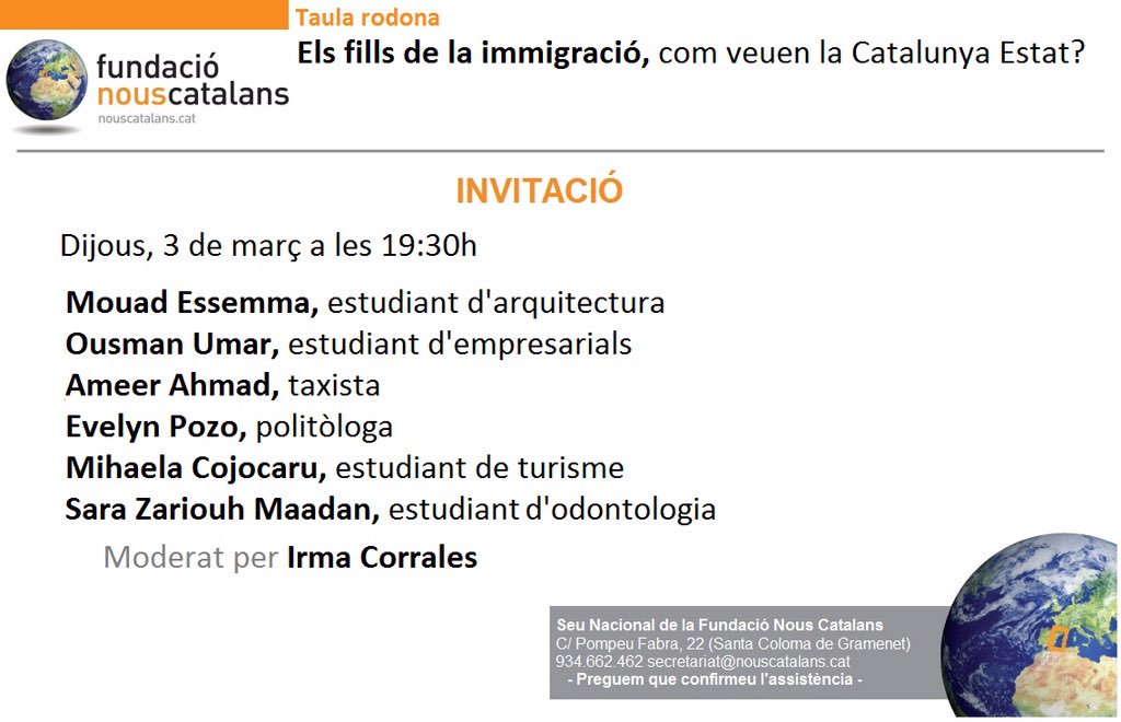 catalans_21's tweet photo. Recordeu: aq dijous #3MARÇ, taula rodona 'els fills d la #immigració, com veuen la #Catalunya Estat?' Obert a tothom https://t.co/2iRI3xYesU