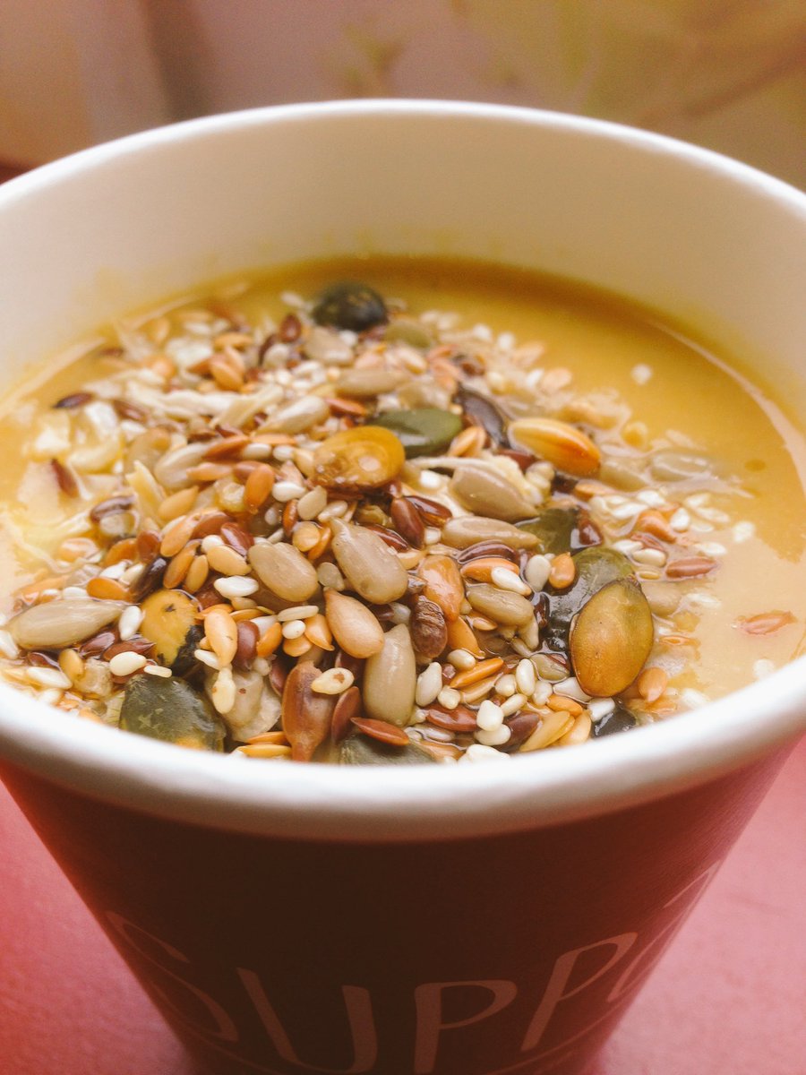 soupologist's tweet photo. Butternut, chestnut and bacon soup w roasted Omega-3 seeds and a drizzle of chilli oil #lunch #lovesoup #soupologist https://t.co/GA5kJKLeIa