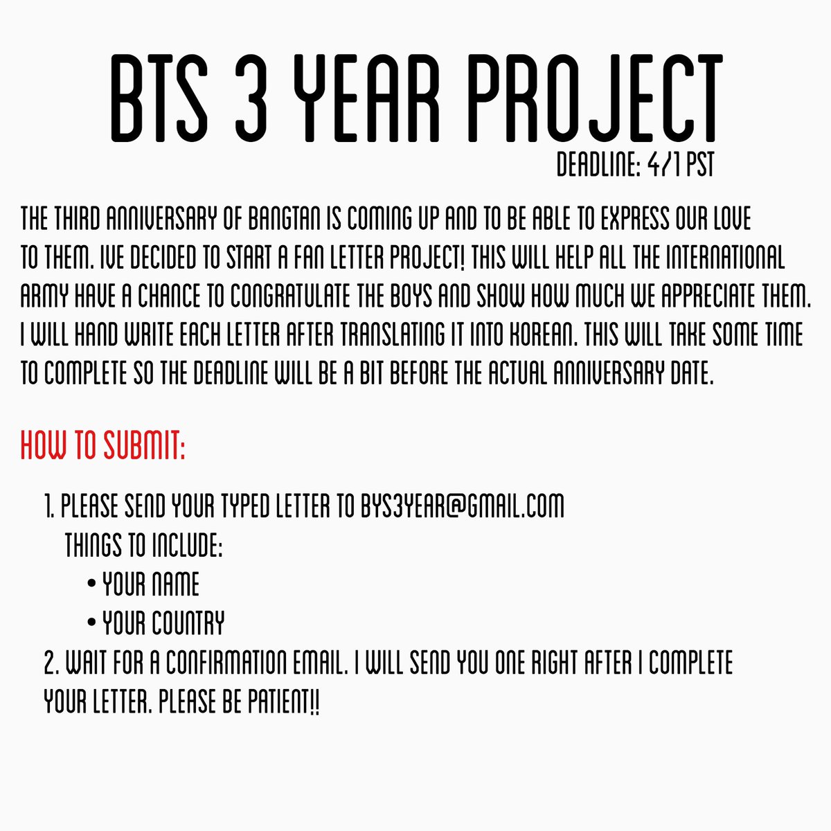 bts3years's tweet photo. [PLEASE RT❤️] Details for the BTS3YEAR fan letter project!! 

(알티 부탁드립니다~ @x940218x) https://t.co/WjhUELPkMt