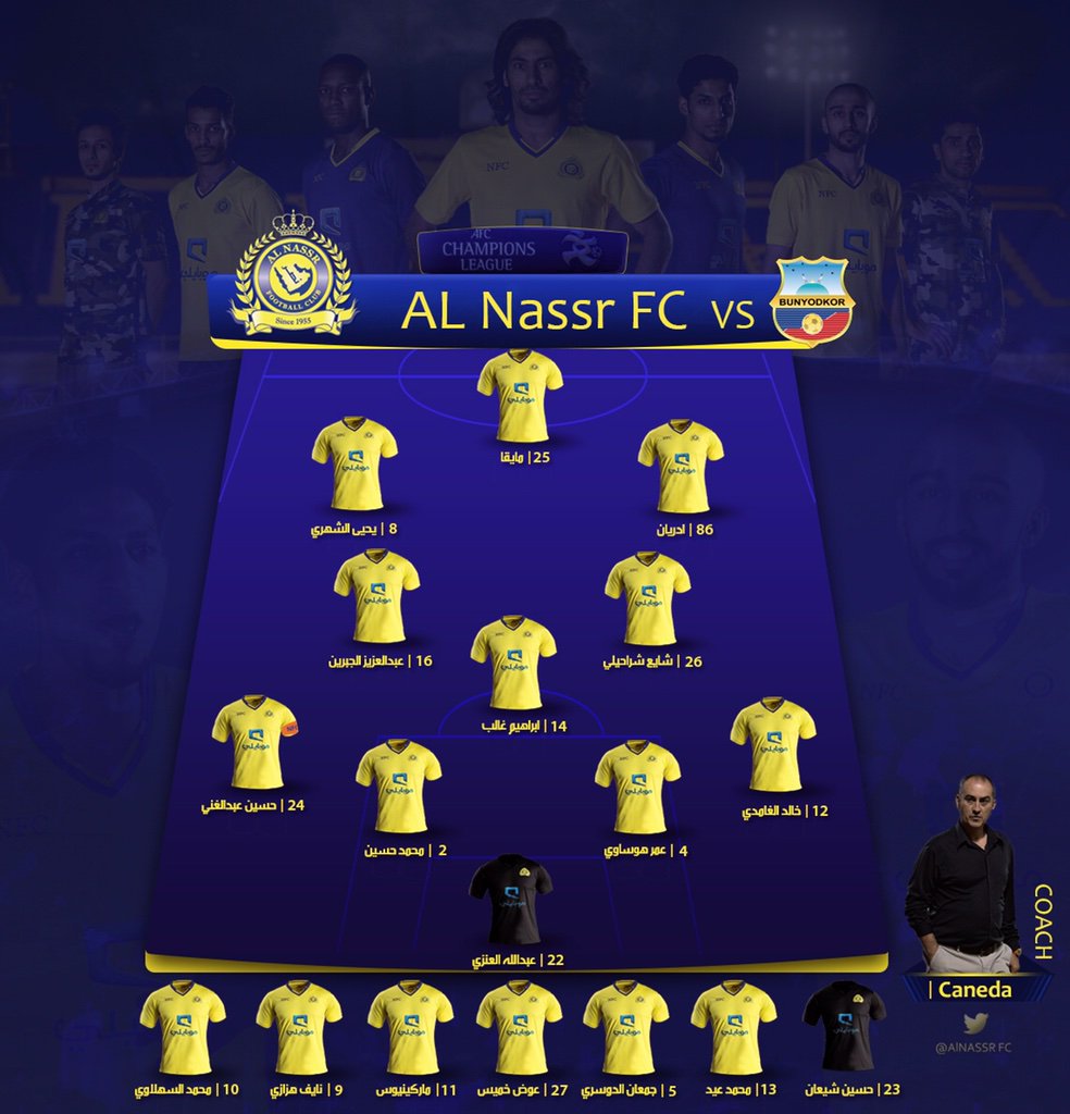 تشكيلة #النصر امام بونيدكور الاوزبكي

الله معاك يانصر
دعواتنا لنصرنا بالتوفيق
#NFC