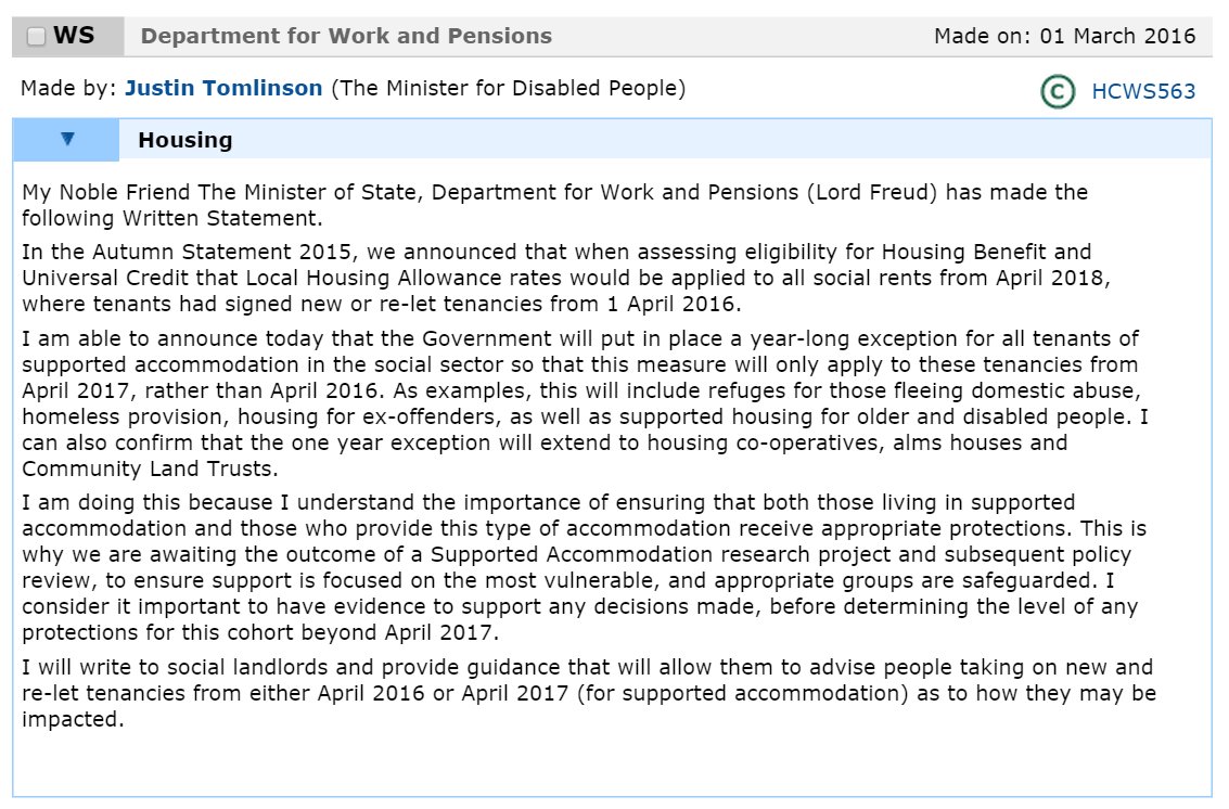 Today's DWP statement on year-long delay of #LHAcap to #supportedhousing: parliament.uk/writtenstateme…