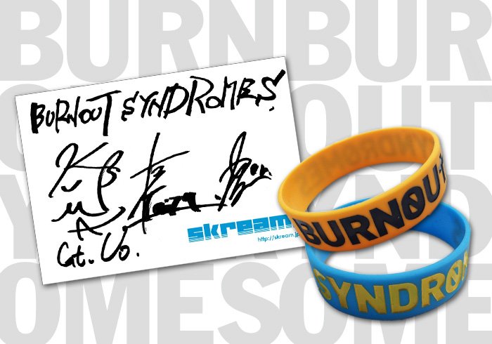 skream_japan's tweet photo. 【フォロー＆RTで応募】BURNOUT SYNDROMESのサイン＆ラバーバンドをセットでプレゼント。爽快なサウンドで突き抜けるメジャー・デビュー・シングルに迫ったインタビュー公開 https://t.co/43hk52gdkU https://t.co/nGaR8wlfgg