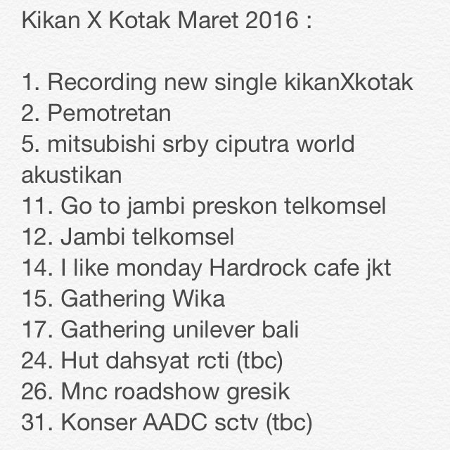 Cekidot <a href="/kotakband_/">Official KOTAK</a>: Bismillah, berikut jadwal kikanXkotak bulan maret 2016 cc. <a href="/WarnerMusicID/">WarnerMusicID</a> support ya KK