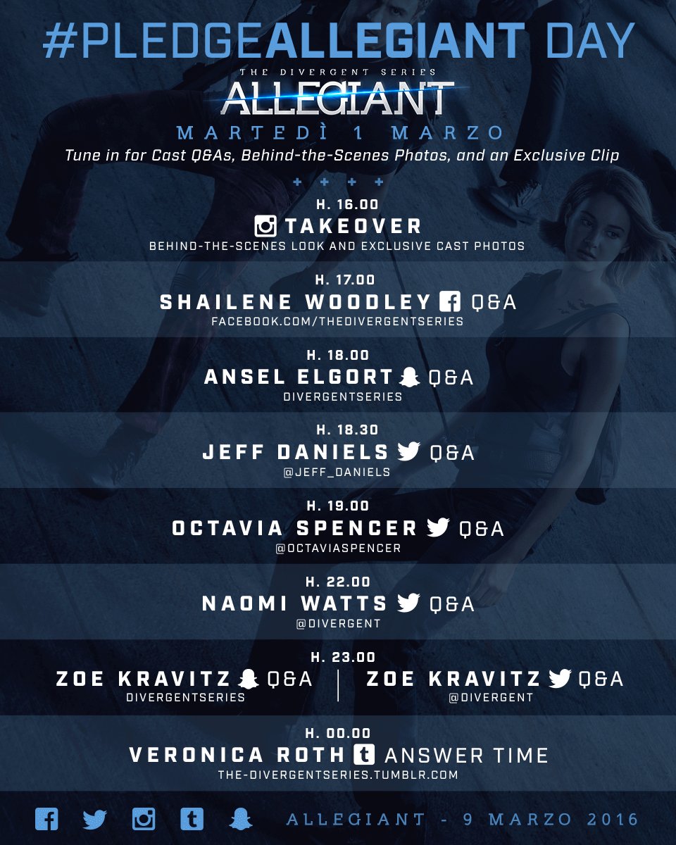 AllegiantIT's tweet photo. Pronti a vivere il #PledgeAllegiant day con il cast di #Allegiant? Scopri gli appuntamenti di oggi https://t.co/EiDfQJzvOv