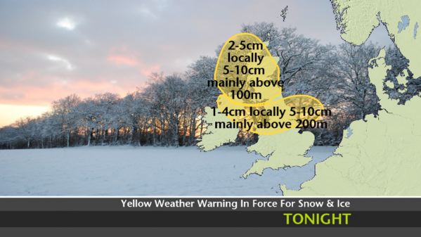 metoffice's tweet photo. ⚠️ #Snow and #ice could bring some disruption to travel tonight and into tomorrow for parts of the UK ⚠️ https://t.co/gbQs2G1Nvy