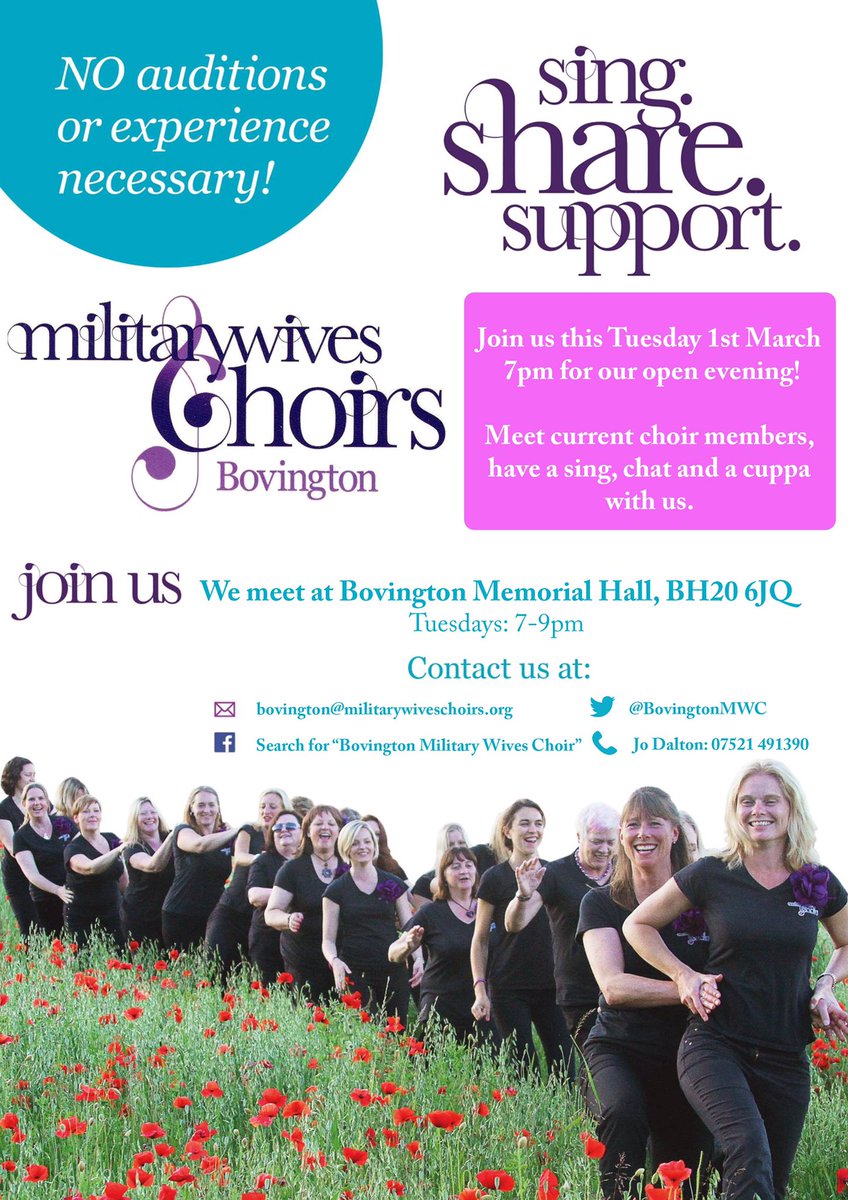 Are you a lady local to #Bovington (forces or civvy) &amp; love singing? Join us for our Open Eve TONITE! #BovingtonMWC