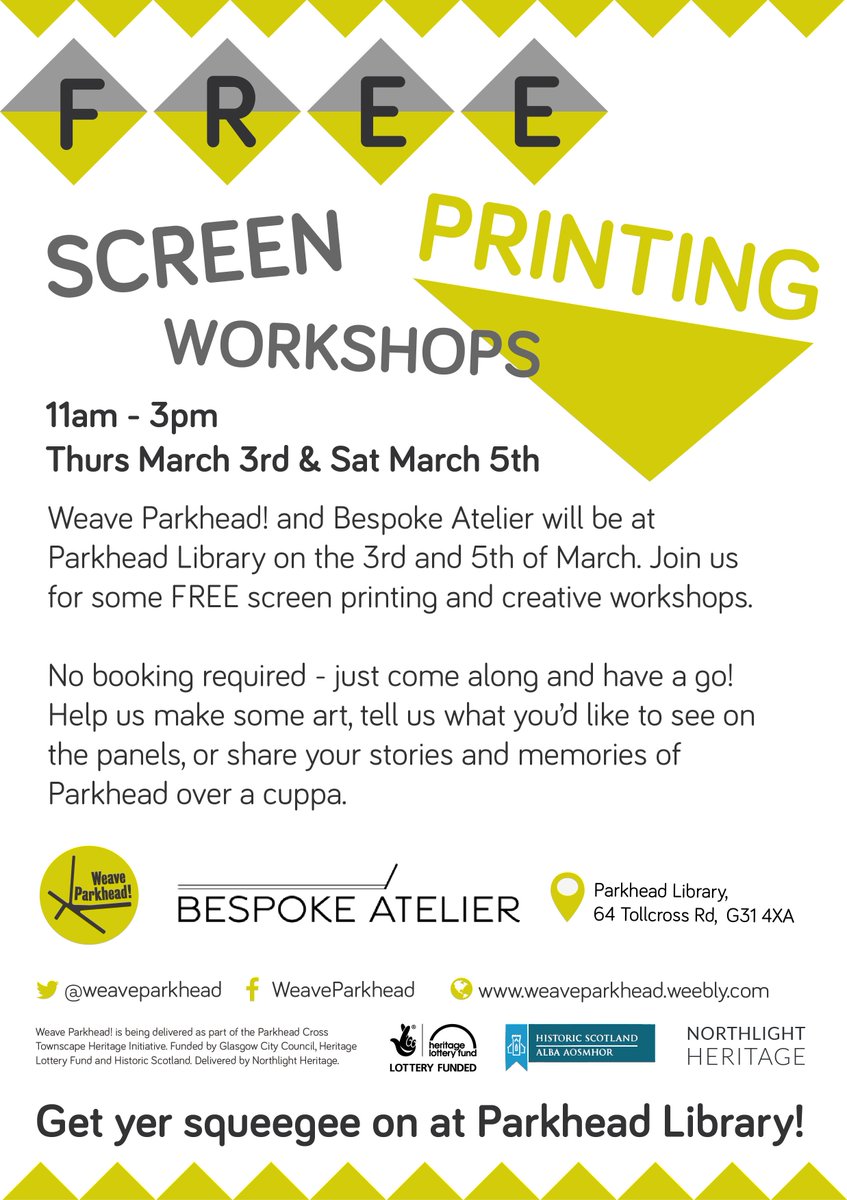 weaveparkhead's tweet photo. Don't forget - FREE workshops 11-3 this Thurs & Sat #ParkheadLibrary - tell yer pals! Screen print, blethers & cakes https://t.co/uT3GJ8baVK