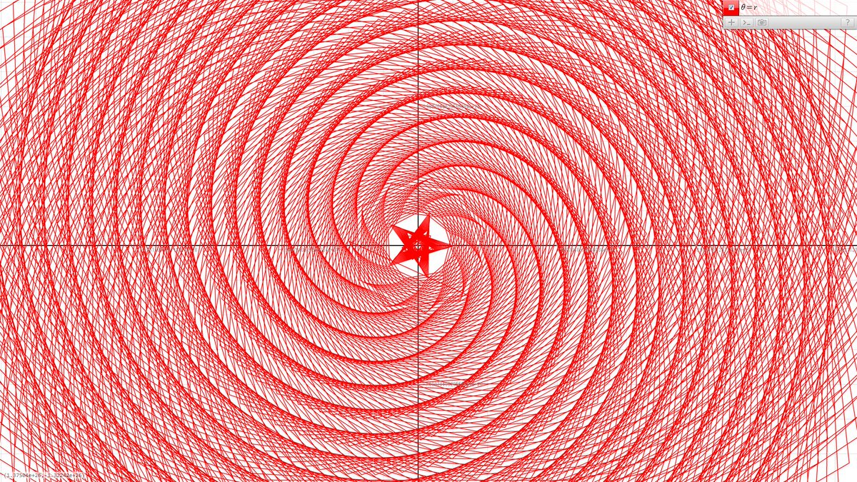 古い物だけど graph.tkでθ=rの渦巻き作って縮小してったら前衛芸術みたいな模様出て来たことあったな #一番気持ち悪いグラフ作ったやつが優勝
