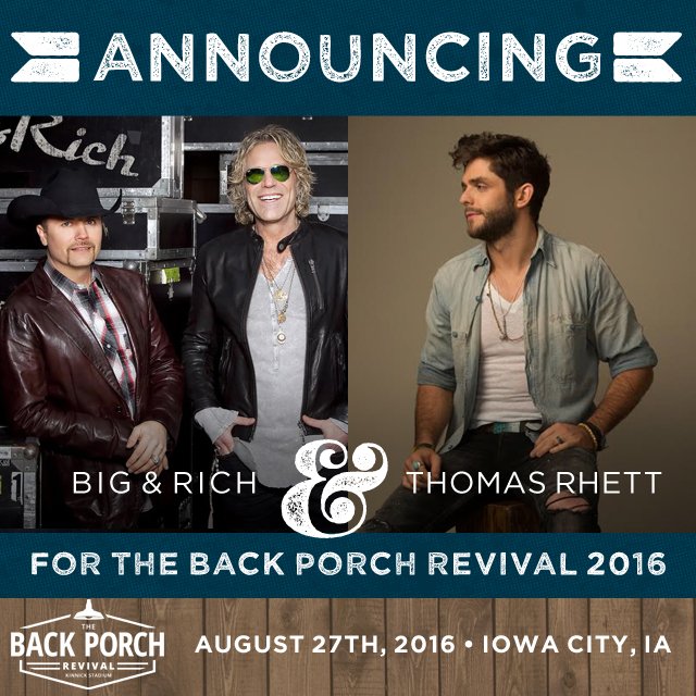 backporchrvl's tweet photo. .@bigandrich &amp; @ThomasRhett have been added to the already stellar @backporchrvl 2016 lineup starring @blakeshelton! https://t.co/8iIWqrE8ya