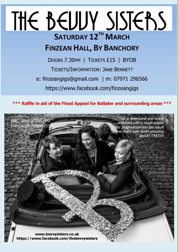 FinzeanHall's tweet photo. The Bevvy Sisters, live at Finzean Hall, near Banchory, on Saturday 12 March. Tickets £15, doors 7.30pm, BYOB. https://t.co/D6mVEh5ETT