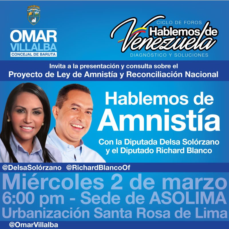 OmarVillalbaG's tweet photo. #HablemosDeVenezuela Presentación Ley de Amnistía en Asolima Miércoles #2Mar 6pm @delsasolorzano @RichardBlancoOf https://t.co/1JePPO0WsY