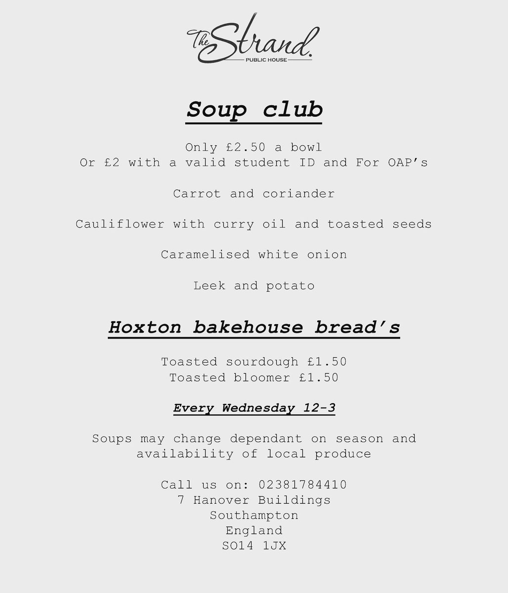 TheStrandPub's tweet photo. It's that time of a week again #soup #club tomorrow #lunch #southampton #rt #retweet #share https://t.co/w2KAbF1WKW