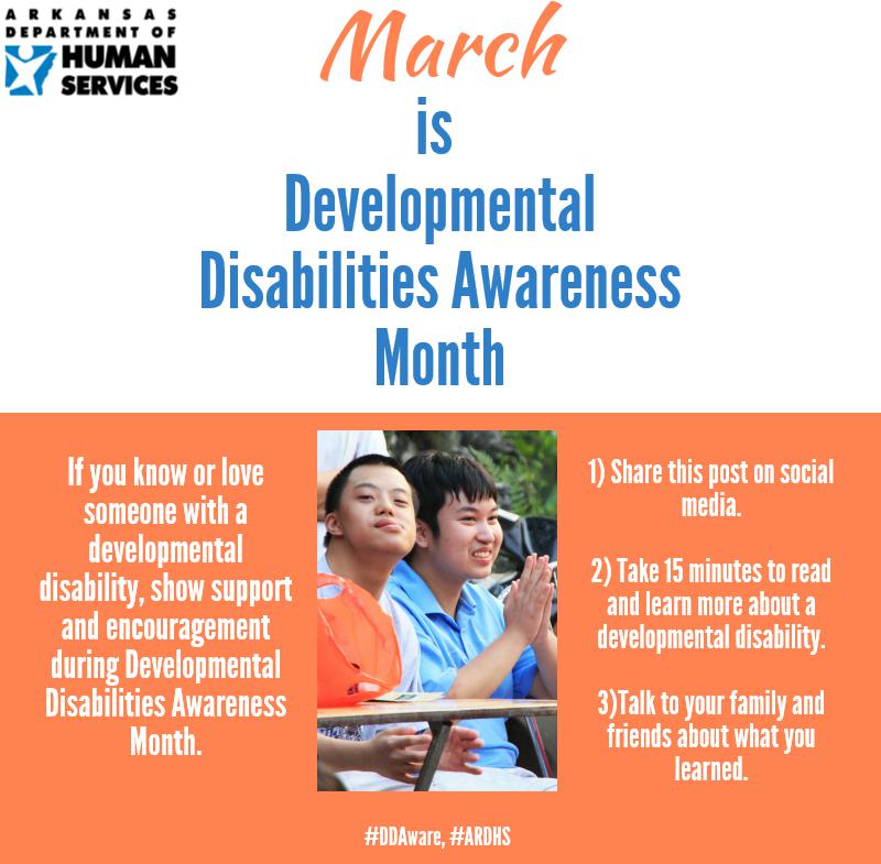 arkansasdhs's tweet photo. March is Developmental Disabilities Awareness Month. Know someone with a developmental disability? #ddAware, #ARDHS https://t.co/tfR9zSmbSS