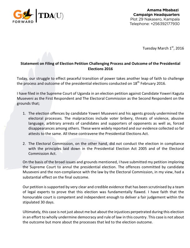 AmamaMbabazi's tweet image. I have filed an election petition against candidate @KagutaMuseveni &amp;amp; the @UgandaEc in the Supreme Court of Uganda.