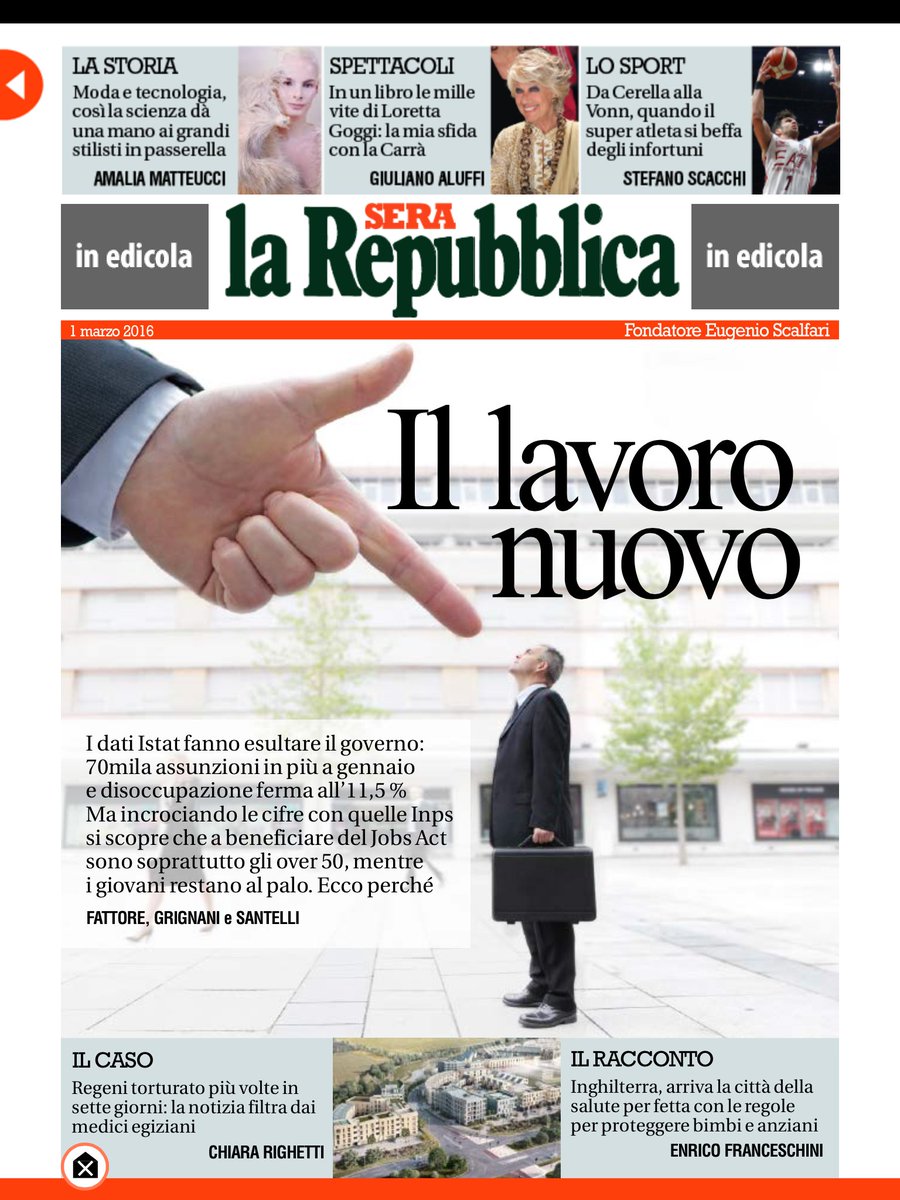 RepubblicaSera's tweet photo. I dati Istat fanno esultare il governo ma a essere assunti sono soprattutto gli over 50. E i giovani restano al palo https://t.co/ynOCxff4c2