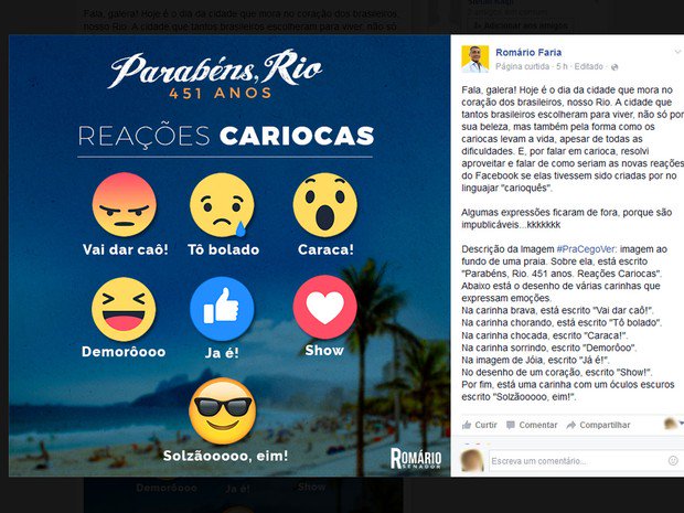 g1 on X: Caraca! Botões do Facebook ganham gírias cariocas em homenagem de  aniversário do Rio  #G1  / X